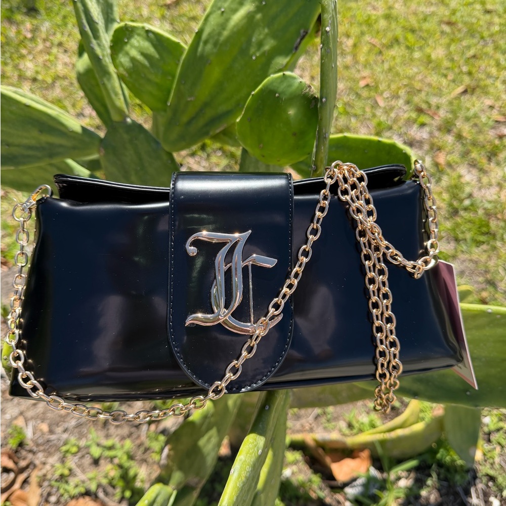 JUICY COUTURE Overstated Black Patent Flap Clutch with Gold Chain and Logo